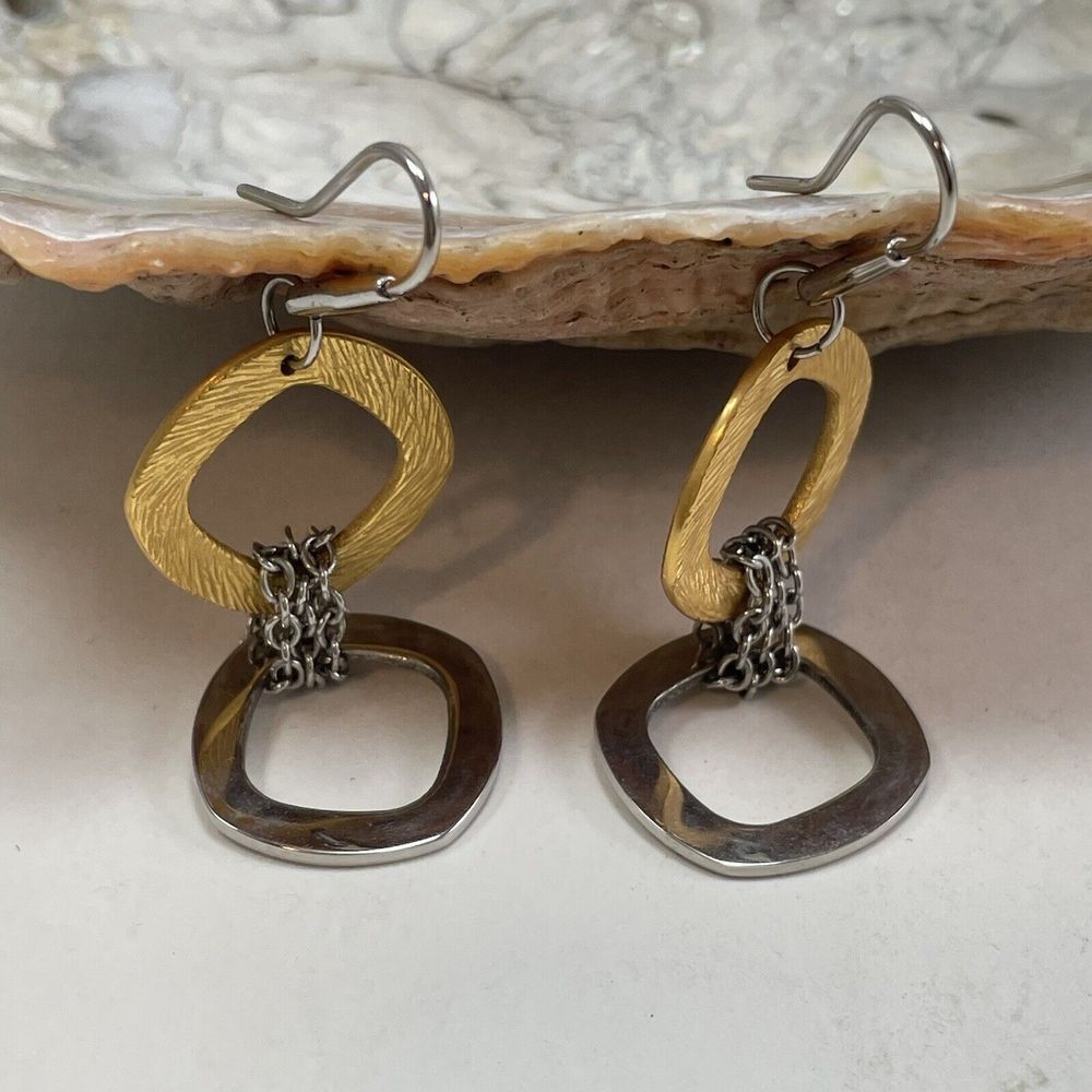 QVC Steel By Design Two Tone 28” Necklace & 8” Bracelet Earrings Rounded Square - Picture 5 of 16